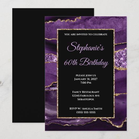 Paarse Agate Gold Glitter Glam 60th Birthday Kaart (Voorkant / Achterkant)