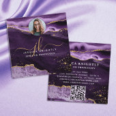 Paarse Agate Gold Glitter Script Foto QR Vierkante Visitekaartje