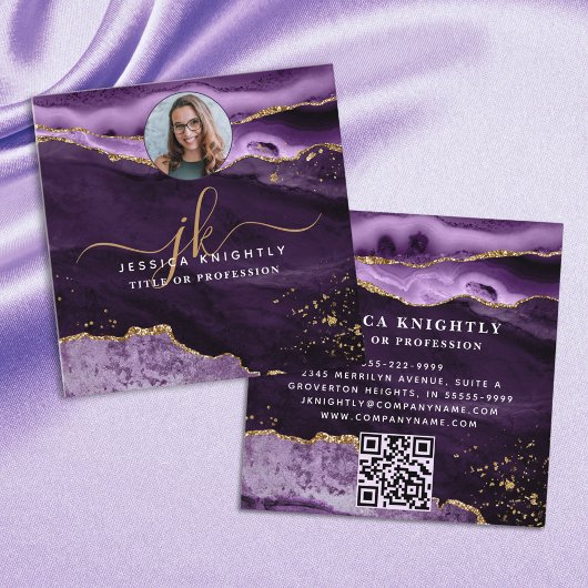 Paarse Agate Gold Glitter Script Foto QR Vierkante Visitekaartje