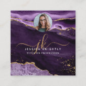 Paarse Agate Gold Glitter Script Foto QR Vierkante Visitekaartje (Voorkant)
