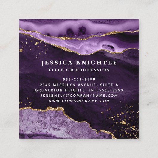 Paarse Agate Gold Glitter Script Foto Vierkante Visitekaartje (Achterkant)