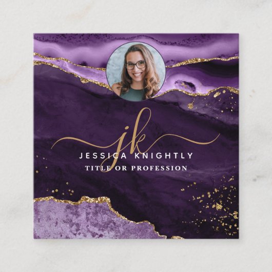 Paarse Agate Gold Glitter Script Foto Vierkante Visitekaartje (Voorkant)