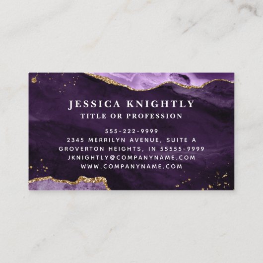 Paarse Agate Gold Glitter Script Monogram Foto Visitekaartje (Achterkant)