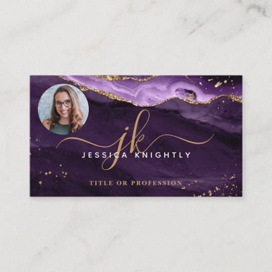 Paarse Agate Gold Glitter Script Monogram Foto Visitekaartje (Voorkant)