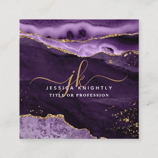 Paarse Agate Gold Glitter Script Monogram Vierkante Visitekaartje (Voorkant)