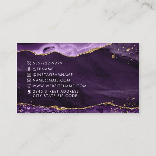 Paarse Agate Gold Glitter Script Monogram Visitekaartje (Achterkant)