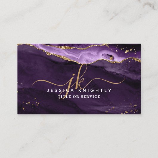 Paarse Agate Gold Glitter Script Monogram Visitekaartje (Voorkant)