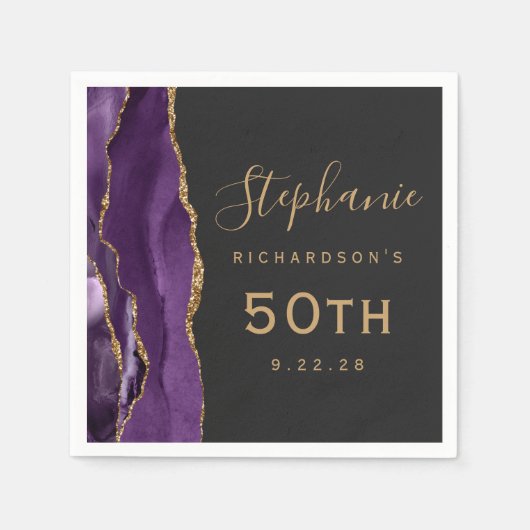 Paarse Agate Gold Script Dark 50th Birthday Servet (Voorkant)
