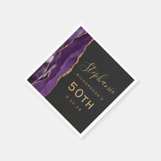 Paarse Agate Gold Script Dark 50th Birthday Servet (Hoek)