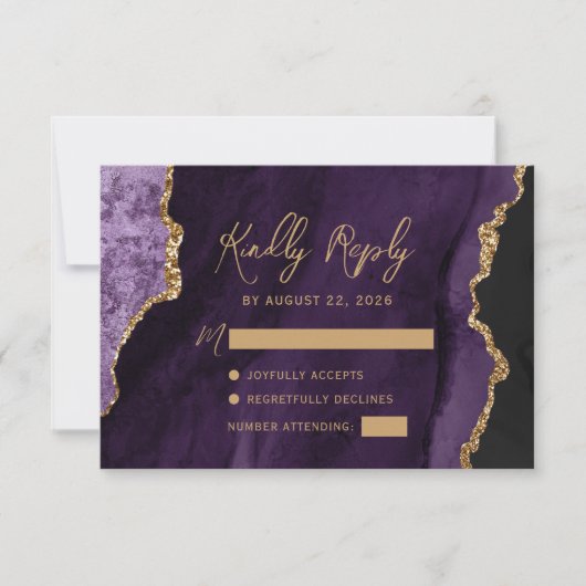 Paarse Agate Gold Script Wedding RSVP Kaartje (Voorkant)