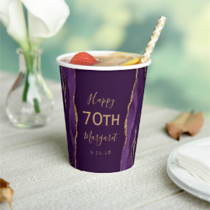 Paarse Agate Gouden Glitter Plum 70e Verjaardag Papieren Bekers