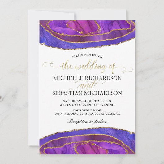 Paarse Agate Modern Waterverf Gold Wedding Kaart (Voorkant)