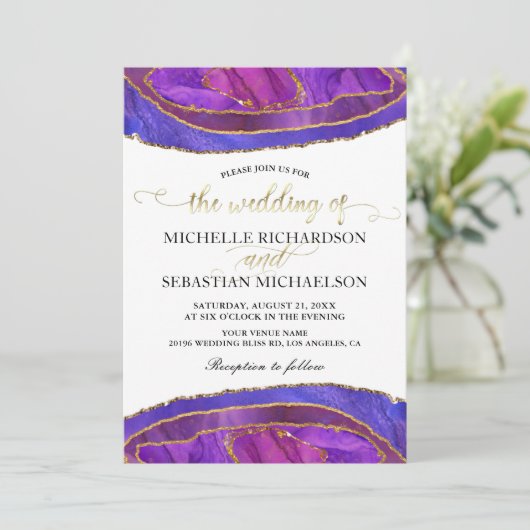 Paarse Agate Moderne Waterverf Gouden Trouw Kaart (Staand voorkant)