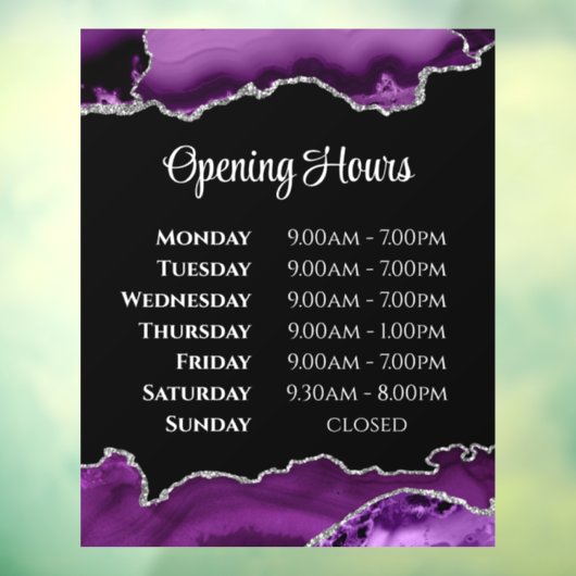 Paarse Agate Openingstijden Venster Cling Raamsticker (Vel 3)