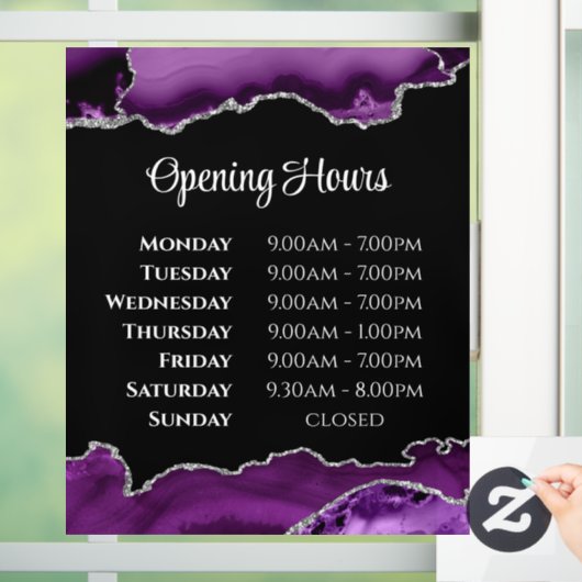 Paarse Agate Openingstijden Venster Cling Raamsticker (Huis)