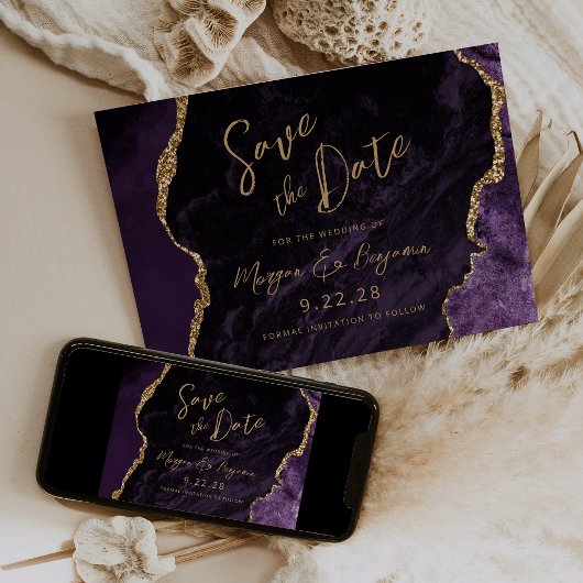 Paarse Agate Script Wedding Sla de datum op Save The Date