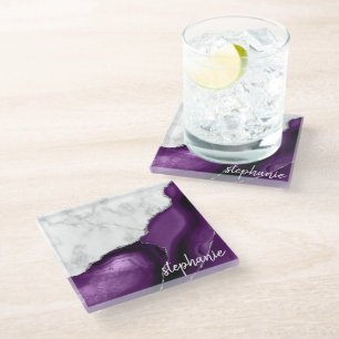 Paarse Agate Signature White Marble Silver Glazen Onderzetter