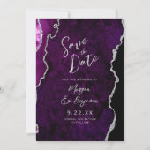Paarse Agate Zilveren Script Trouw Save the Date Kaart (Voorkant)