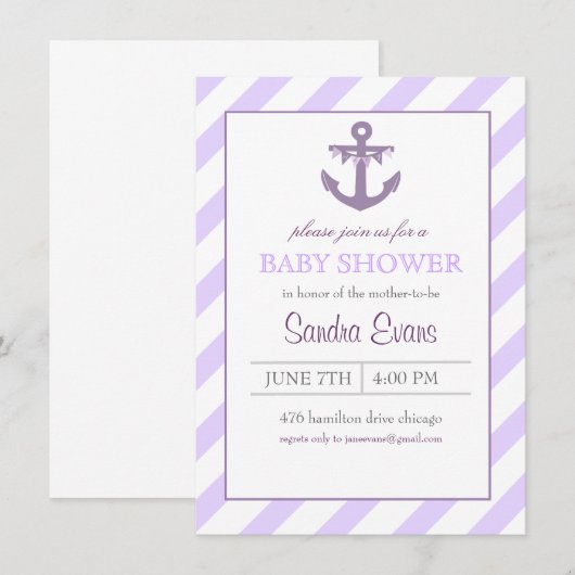 Paarse Ahoy Anchor Baby shower Uitnodiging (Voorkant / Achterkant)