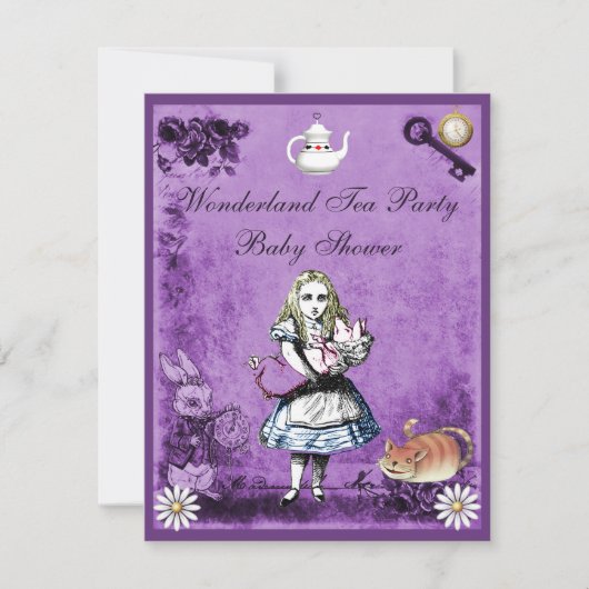Paarse Alice in Wonderland Tea Party Baby shower Kaart (Voorkant)