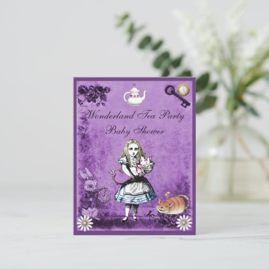 Paarse Alice in Wonderland Tea Party Baby shower Kaart (Staand voorkant)