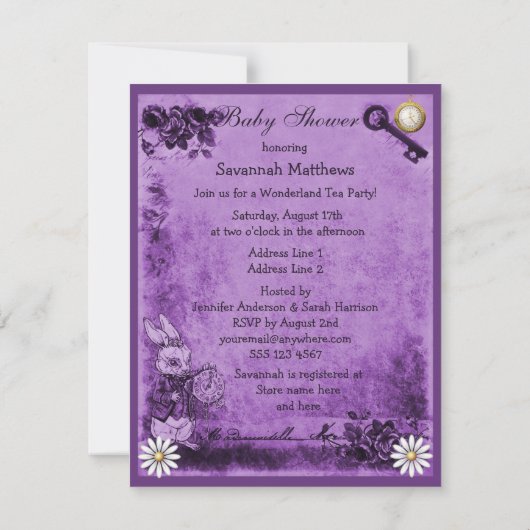 Paarse Alice in Wonderland Tea Party Baby shower Kaart (Achterkant)