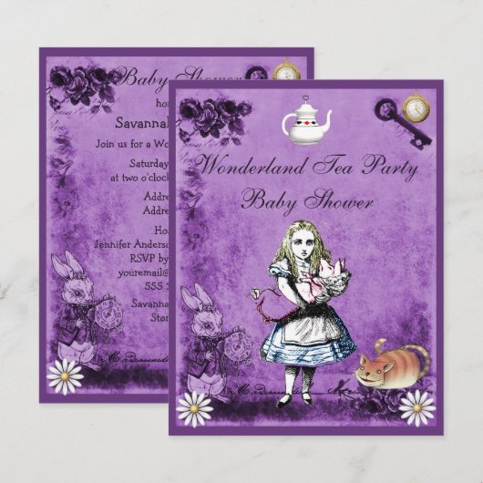 Paarse Alice in Wonderland Tea Party Baby shower Kaart (Voorkant / Achterkant)