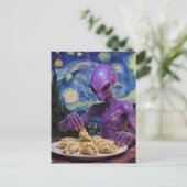 Paarse Alien die Perogies Eet Briefkaart (Staand voorkant)