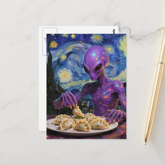 Paarse Alien die Perogies Eet Briefkaart (Voorkant / Achterkant in situ)