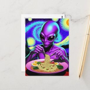 Paarse Alien Eet Noedels met Groenten en Eieren Briefkaart