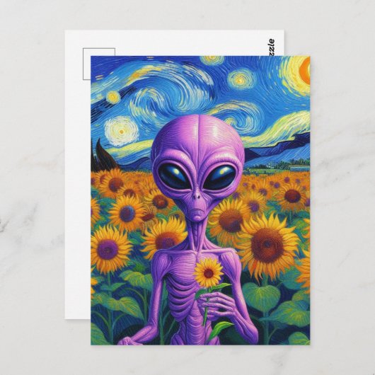 Paarse alien houdt bloem van Gogh zonnebloemveld Briefkaart (Voorkant / Achterkant)