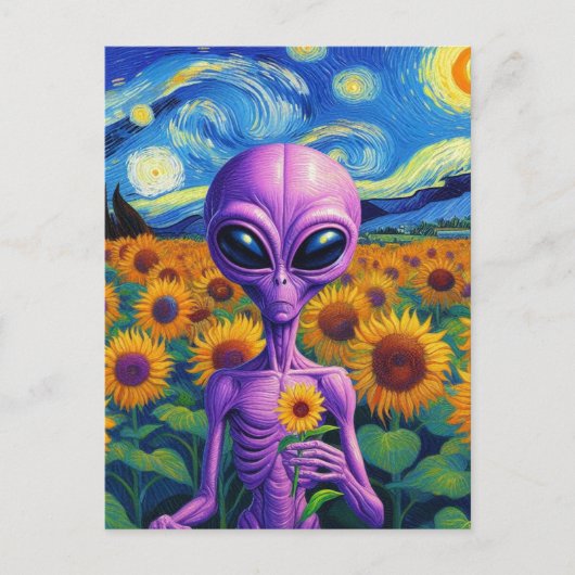 Paarse alien houdt bloem van Gogh zonnebloemveld Briefkaart (Voorkant)