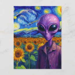 Paarse Alien in een nep Van Gogh Zonnebloemveld Briefkaart