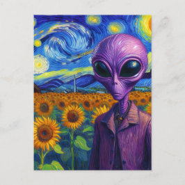 Paarse Alien in een nep Van Gogh Zonnebloemveld Briefkaart