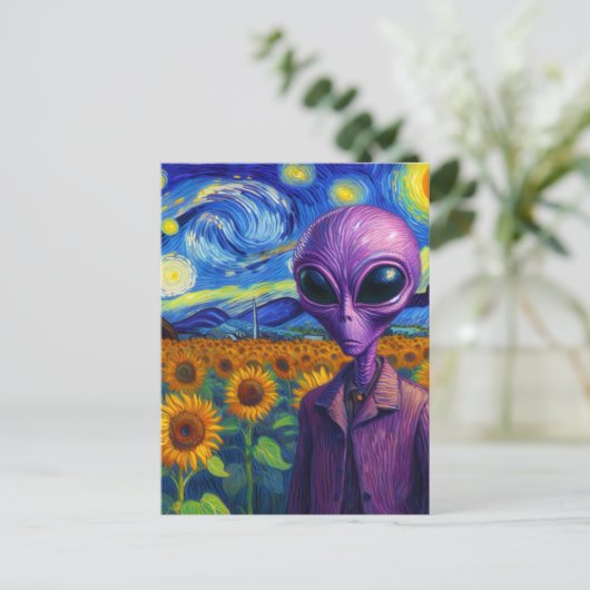 Paarse Alien in een nep Van Gogh Zonnebloemveld Briefkaart (Staand voorkant)