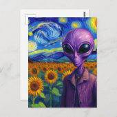 Paarse Alien in een nep Van Gogh Zonnebloemveld Briefkaart (Voorkant / Achterkant)