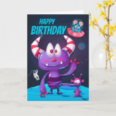 Paarse Alien met ruimteschip voor Happy Birthday Kaart (Gele Bloem)