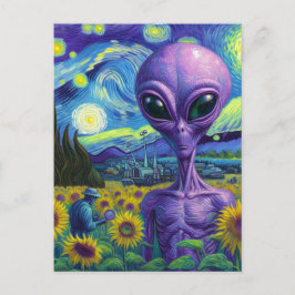 Paarse Alien Van Gogh Zonnebloemveld Briefkaart