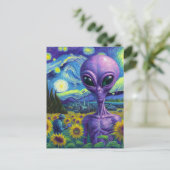 Paarse Alien Van Gogh Zonnebloemveld Briefkaart (Staand voorkant)