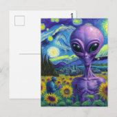 Paarse Alien Van Gogh Zonnebloemveld Briefkaart (Voorkant / Achterkant)