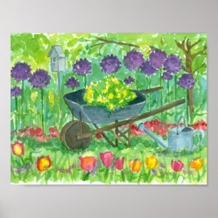 Paarse Allium Flowers Wheelbarrow Garden Painting Poster