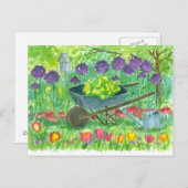 Paarse Allium Flowers Wheelbarrow Waterverf Briefkaart (Voorkant / Achterkant)