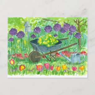 Paarse Allium Flowers Wheelbarrow Waterverf Briefkaart