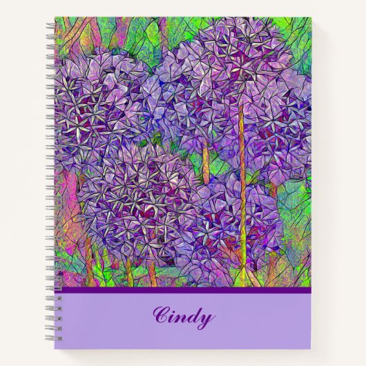 Paarse Allium Mosaic met Waterverf met naam Notitieboek (Voorkant)