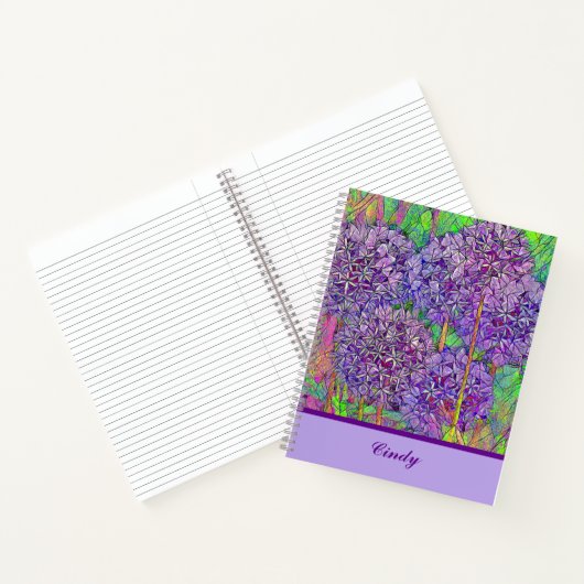 Paarse Allium Mosaic met Waterverf met naam Notitieboek (Binnen)