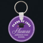 Paarse Alumni High School Reünie Gepersonaliseerd Sleutelhanger<br><div class="desc">Een stijlvol reünie-feest op maat in paarse en witte kleur voor een middelbare school,  universiteit of universiteit. Pas je aan met je schoolnaam en afstudeerklas onder de elegante kalligrafie voor een geweldig gepersonaliseerd alumni-sleutelhanger-cadeau.</div>