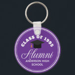 Paarse Alumni High School Reünie Gepersonaliseerd Sleutelhanger<br><div class="desc">Een stijlvol reünie-feest op maat in paarse en witte kleur voor een middelbare school,  universiteit of universiteit. Pas je aan met je schoolnaam en afstudeerklas onder de elegante kalligrafie voor een geweldig gepersonaliseerd alumni-sleutelhanger-cadeau.</div>