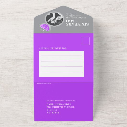 Paarse amethist 6de huwelijksverjaardag diner alle all in one uitnodiging (Buitenkant)