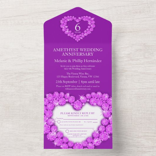 Paarse amethist 6e trouwdag RSVP All In One Uitnodiging (Binnen)