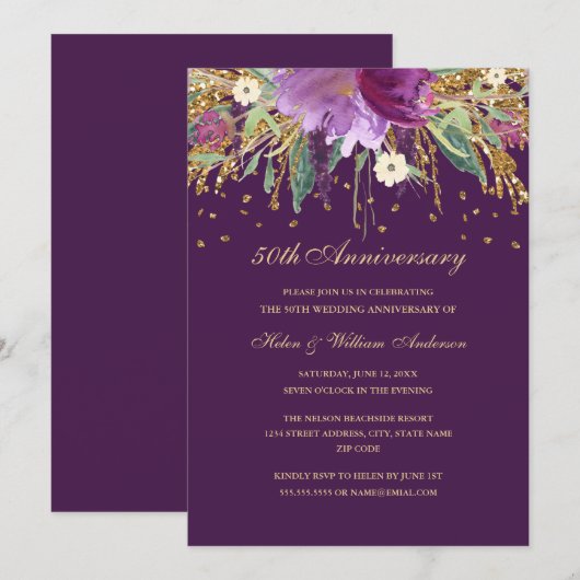 Paarse Amethist Bloemige 50ste Huwelijksverjaardag Kaart (Voorkant / Achterkant)